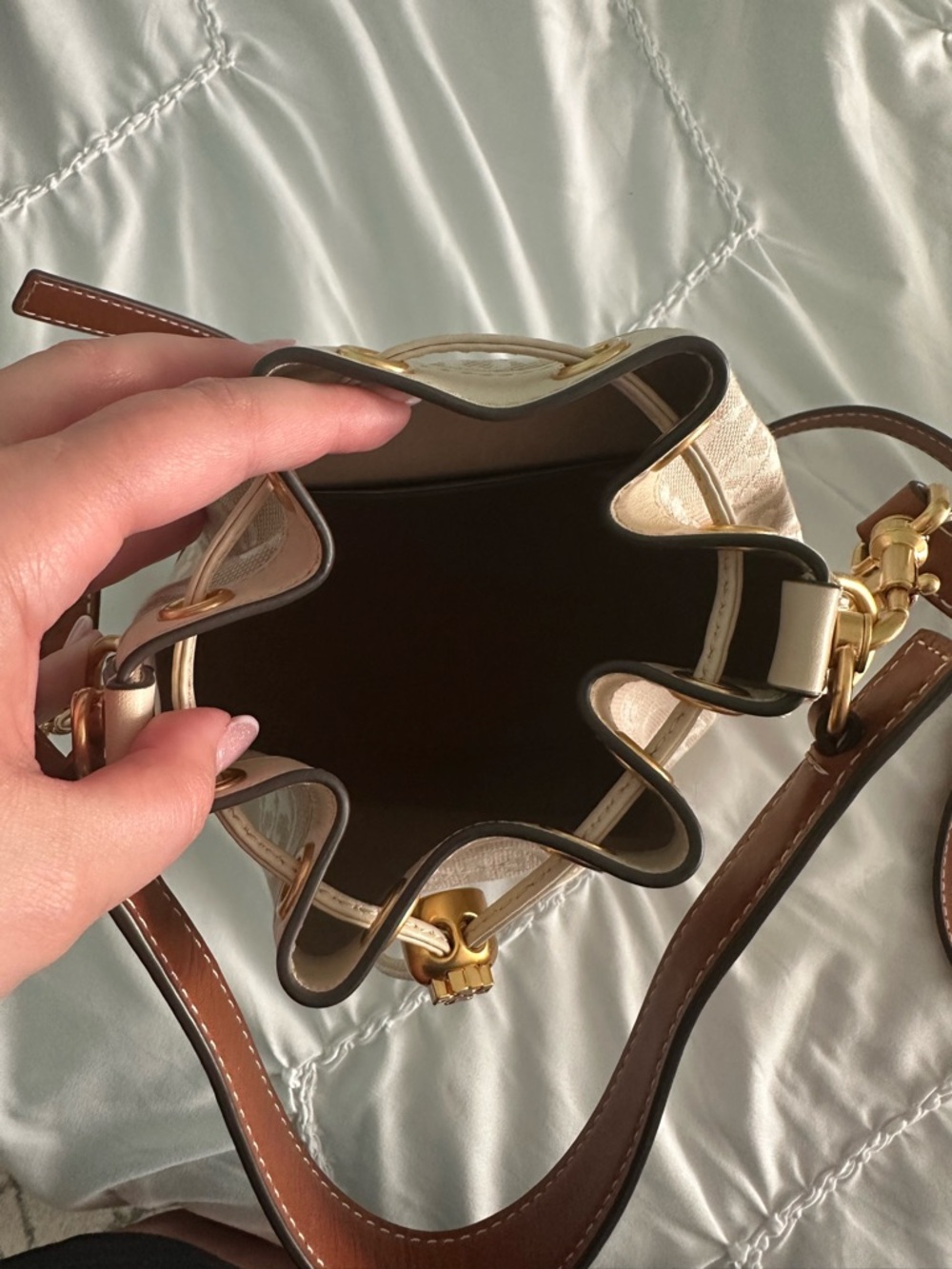 Tory Burch Neutral Beige Mini Drawstring Bucket Bag with Brown Strap - Picture 2 of 5